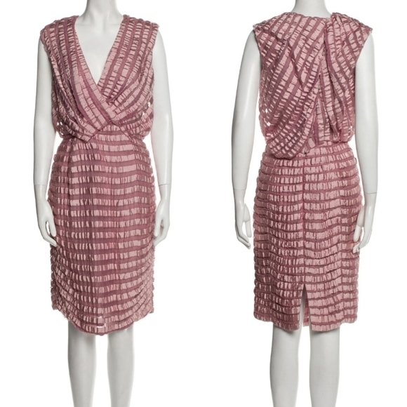 New Carolina Herrera Striped Sleeveless Silk Blend Pink Cocktail Midi Dress 4 US - Picture 5 of 10